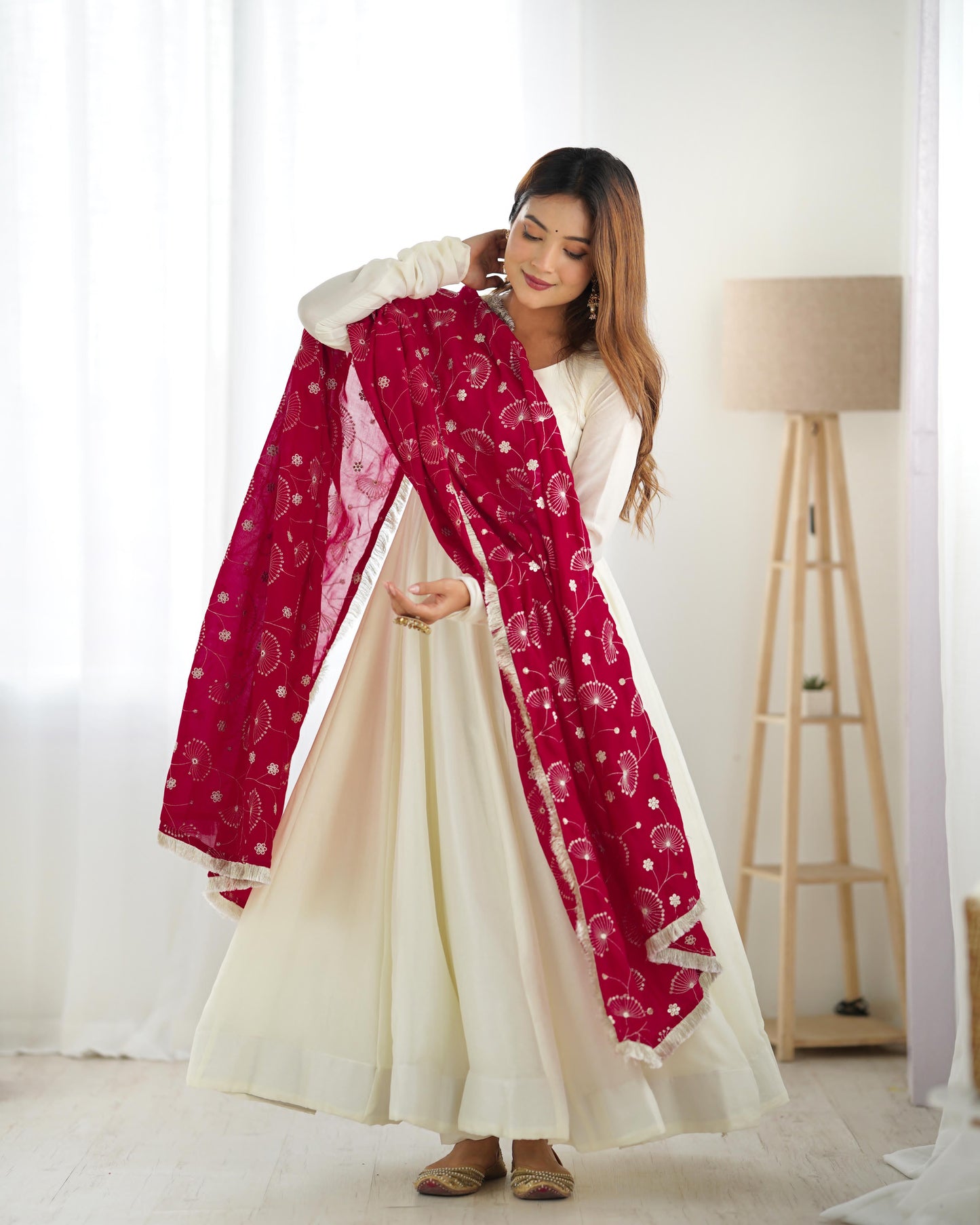 White Soft Vichitra Silk Anarkali