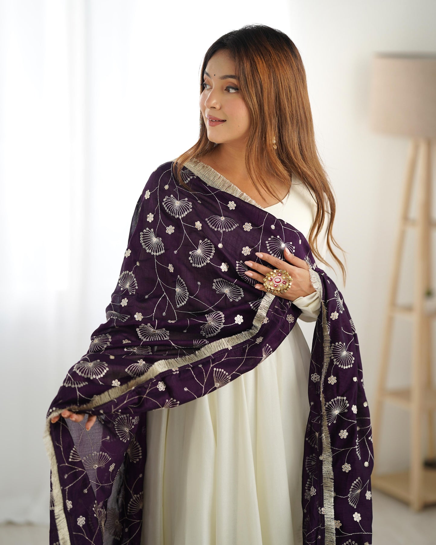 White Soft Vichitra Silk Anarkali