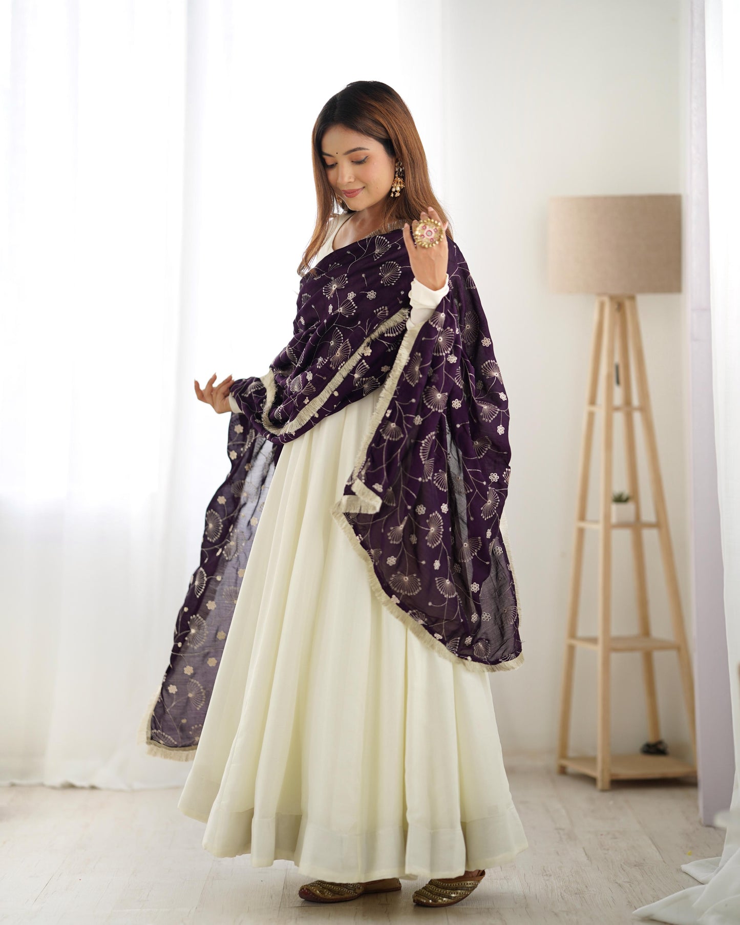 White Soft Vichitra Silk Anarkali