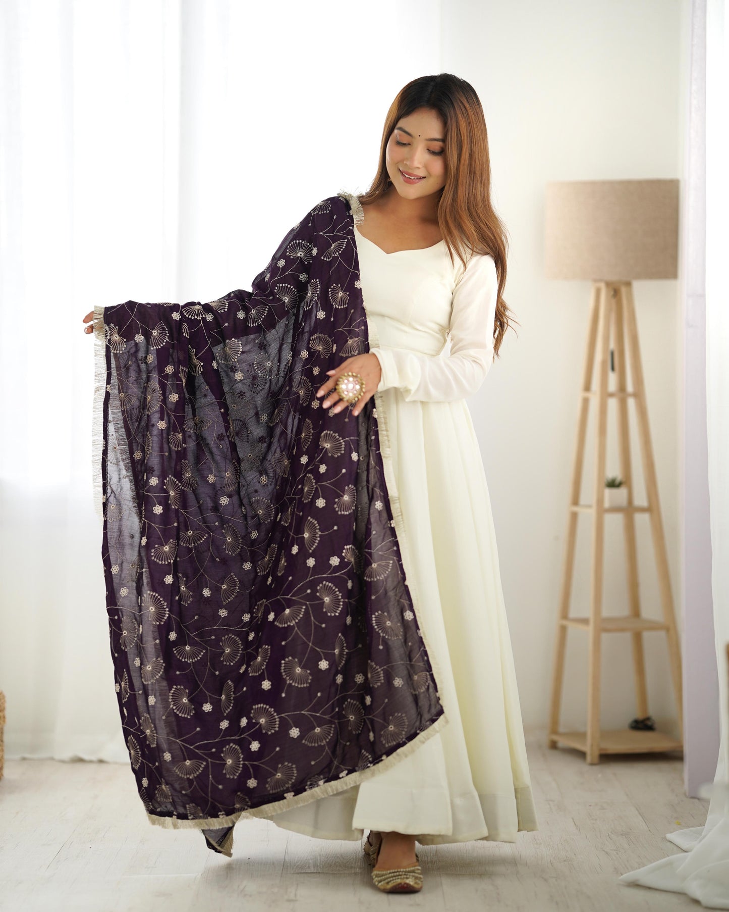 White Soft Vichitra Silk Anarkali