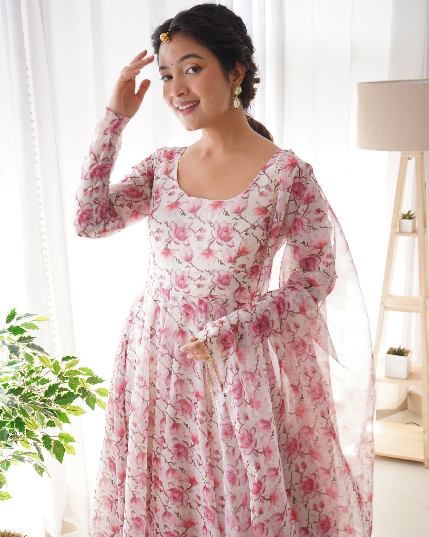 White and pink Organza Anarkali