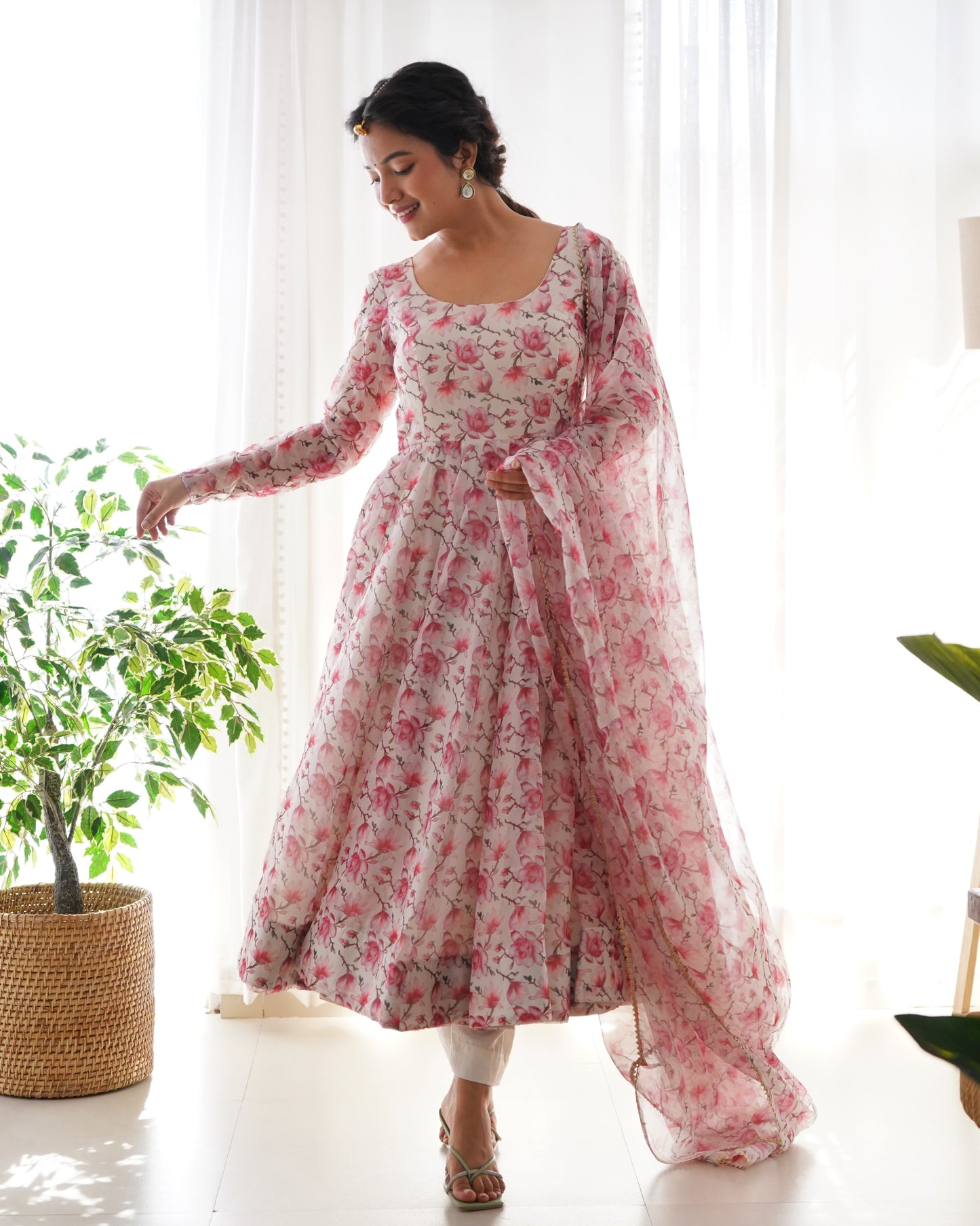White and pink Organza Anarkali