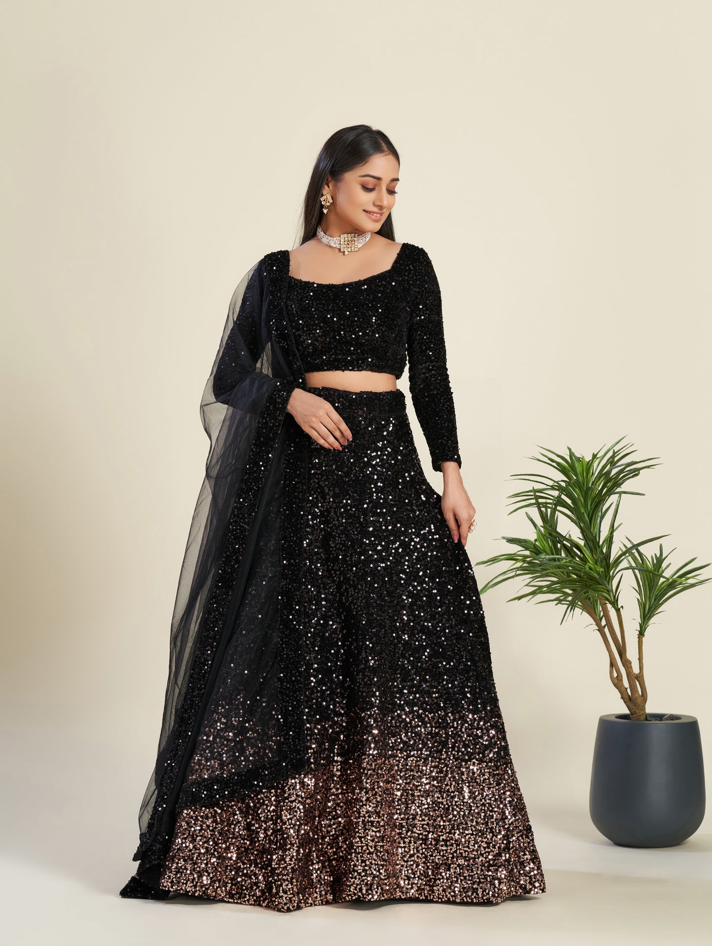 Black Velvet Sequins Lehenga