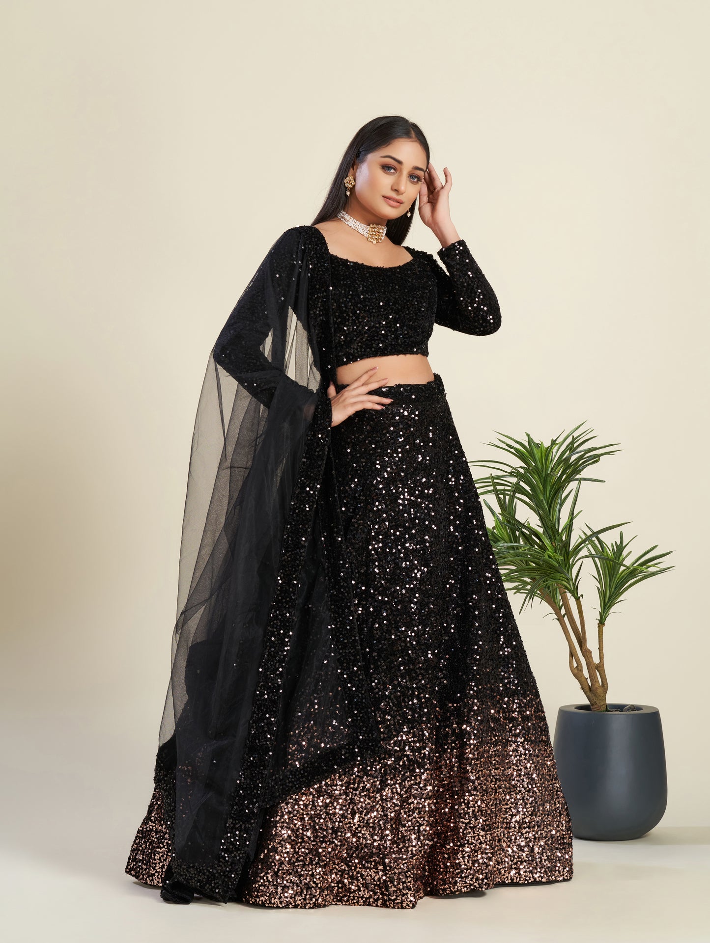 Black Velvet Sequins Lehenga