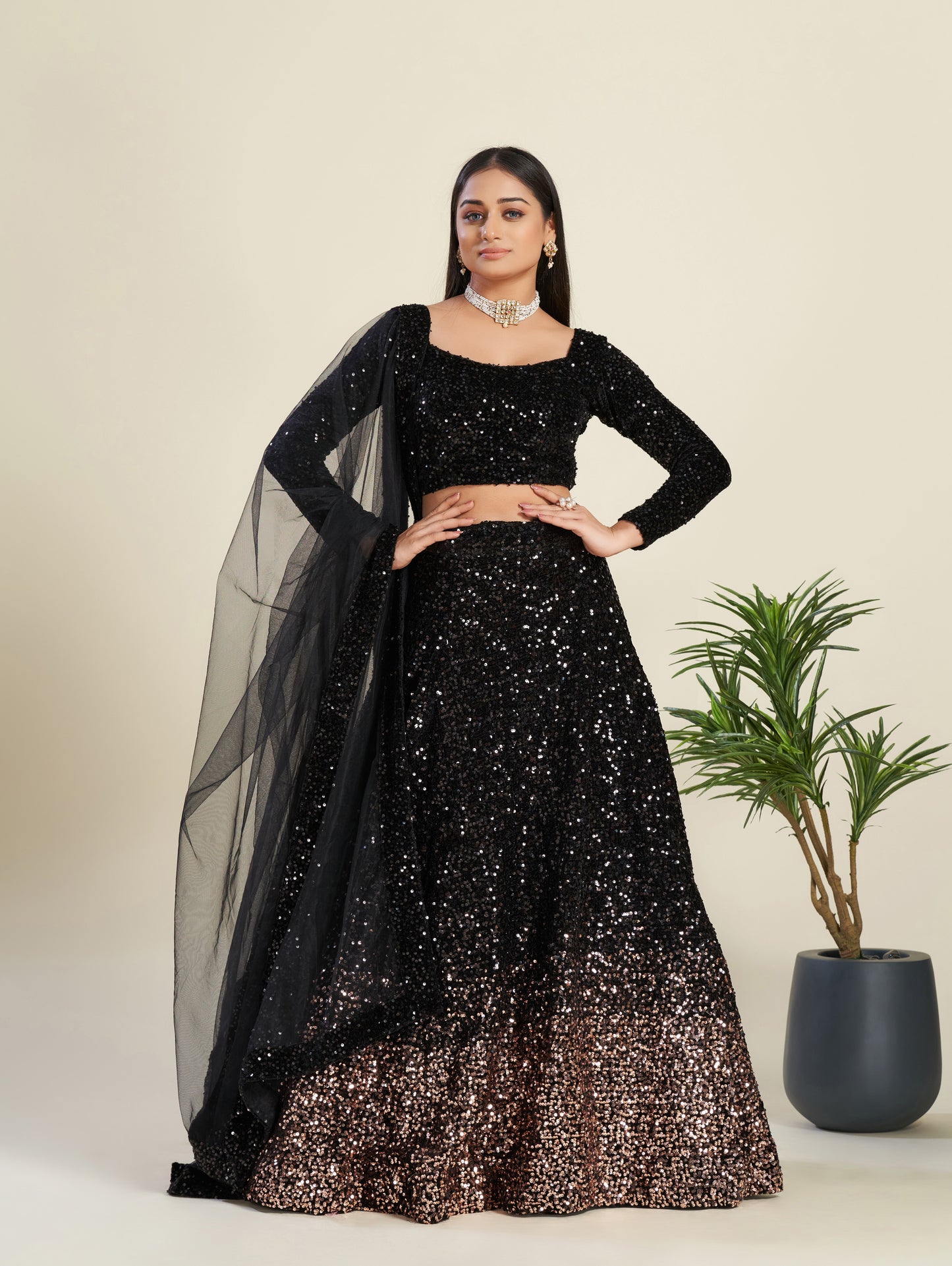 Black Velvet Sequins Lehenga