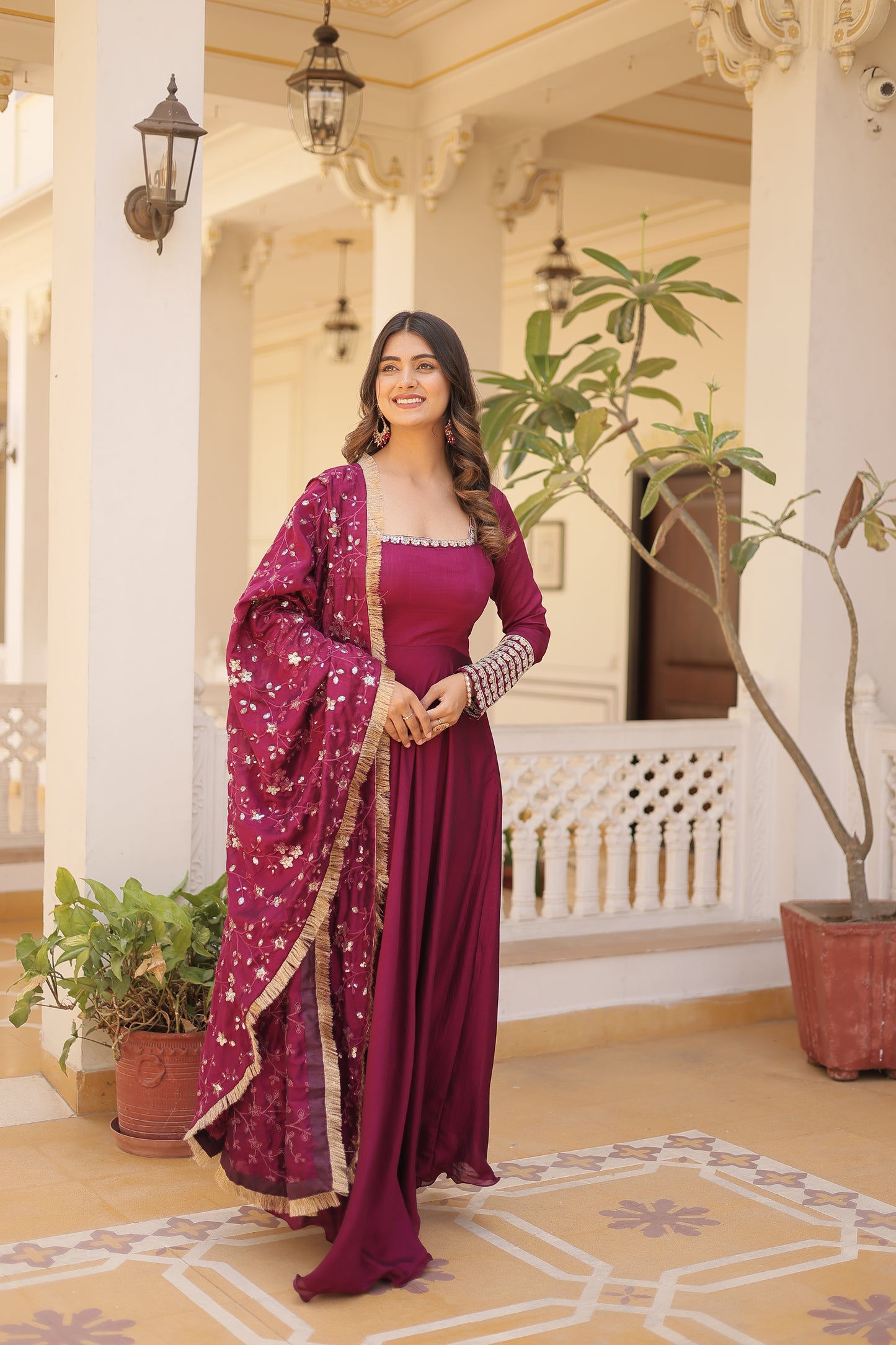 Vichitra Silk Gown with full sequins dupatta