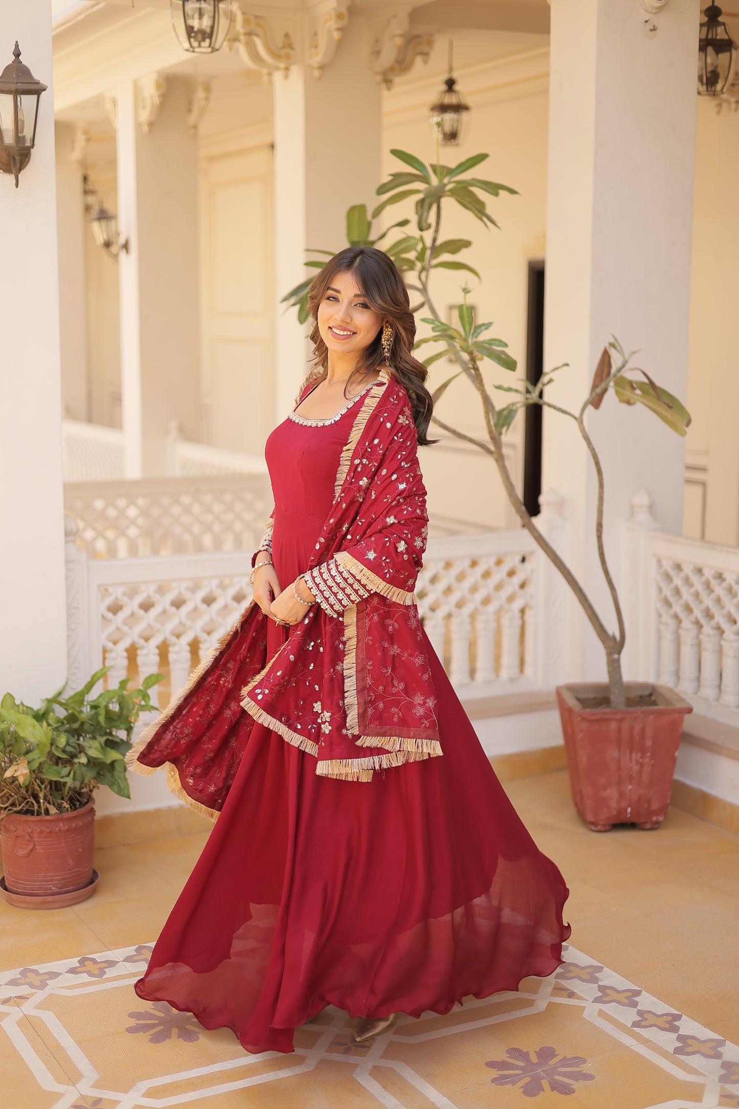Vichitra Silk Gown with full sequins dupatta