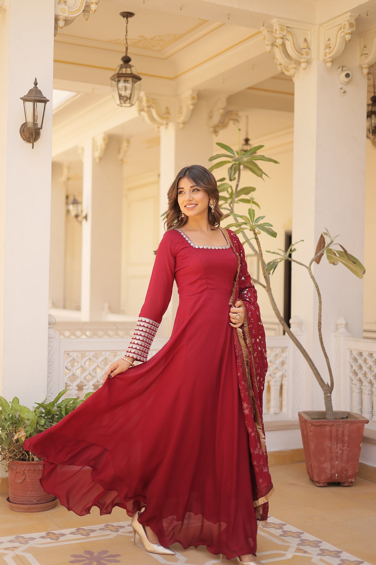 Vichitra Silk Gown with full sequins dupatta