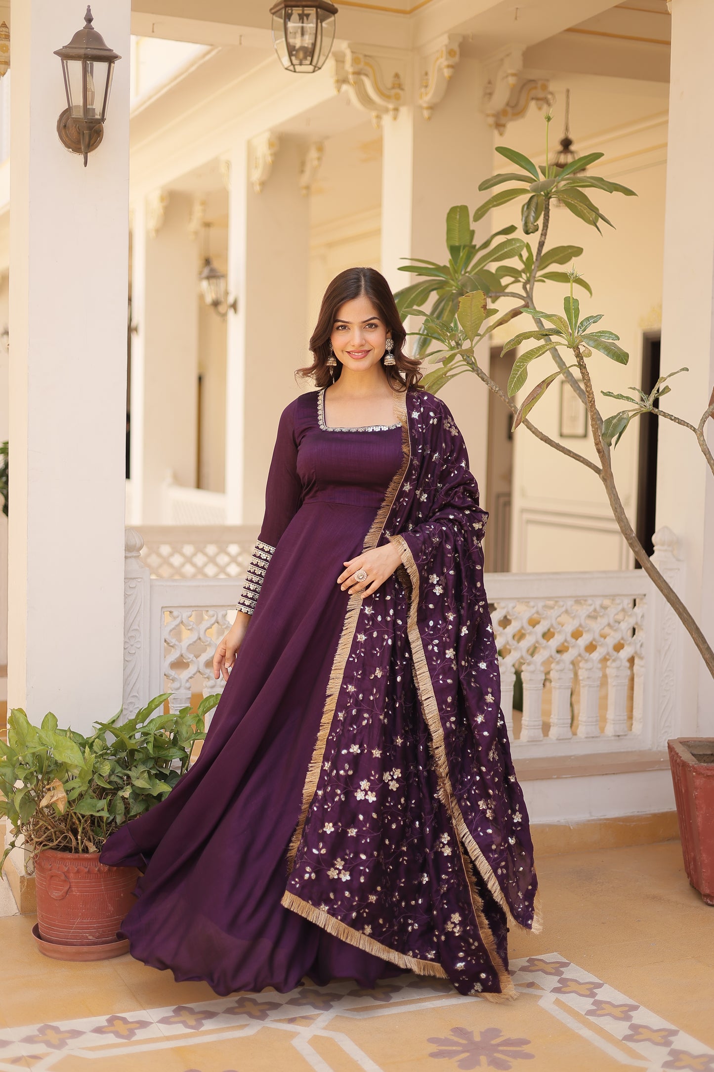 Vichitra Silk Gown with full sequins dupatta