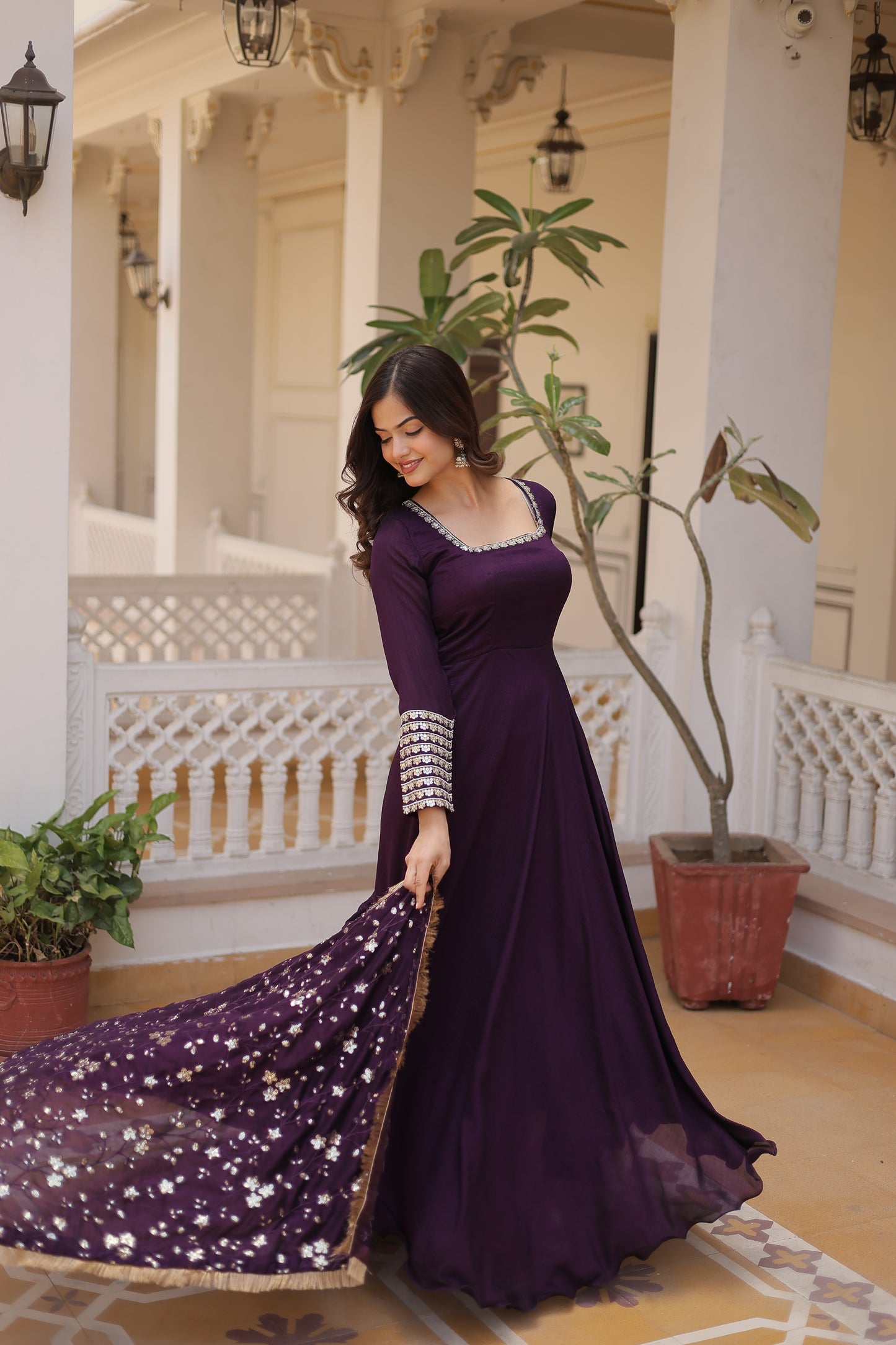 Vichitra Silk Gown with full sequins dupatta