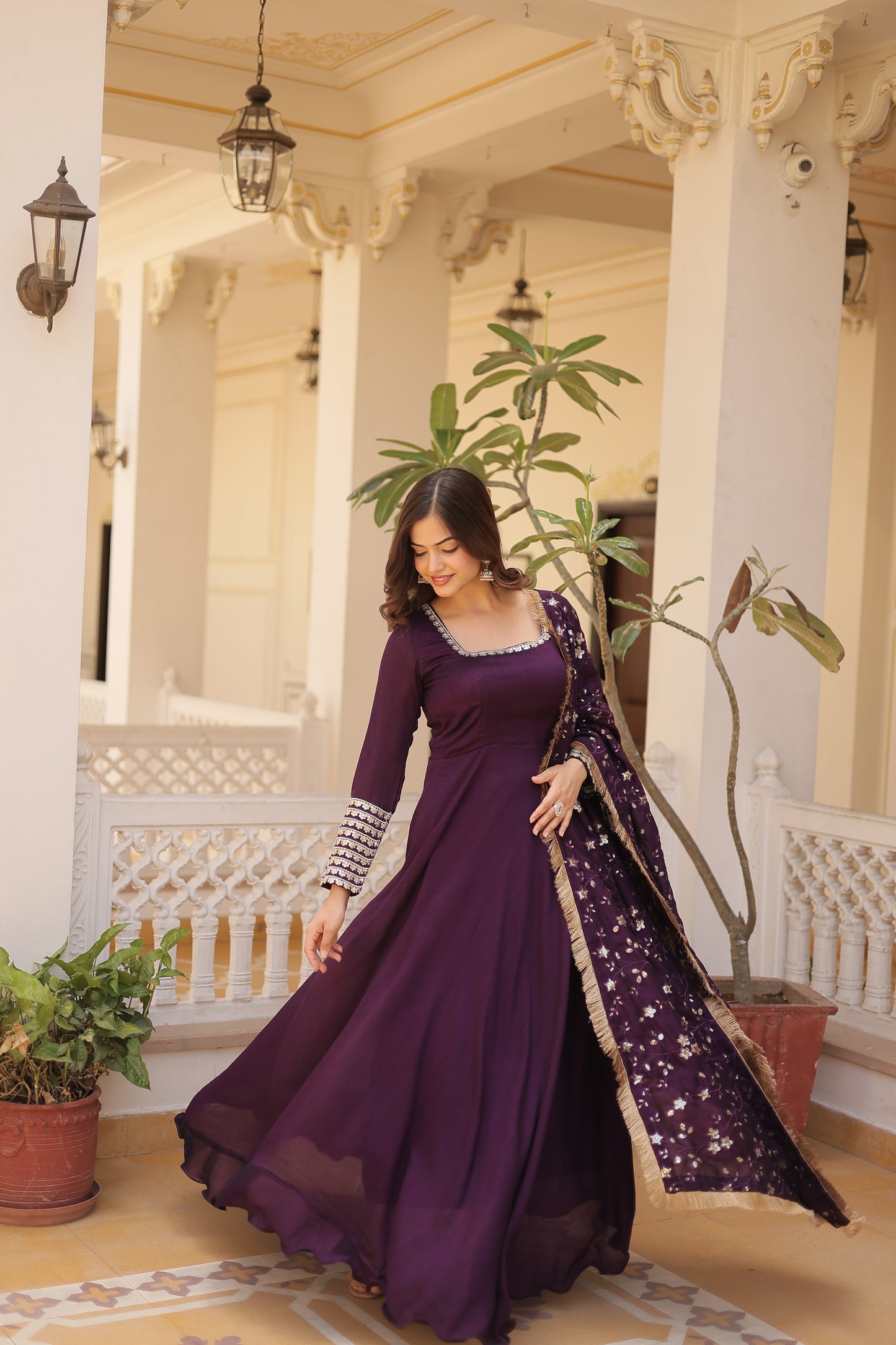 Vichitra Silk Gown with full sequins dupatta