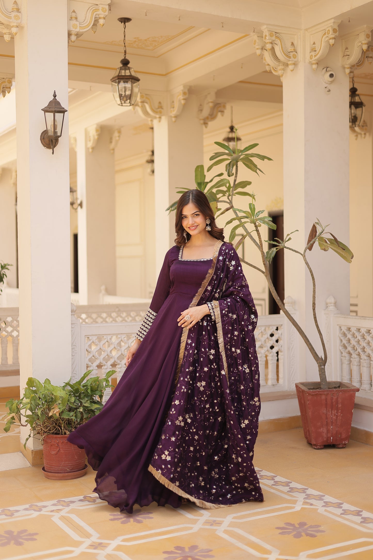 Vichitra Silk Gown with full sequins dupatta