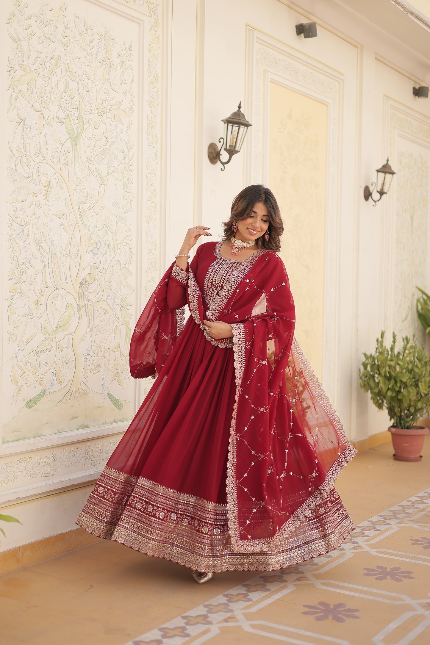 Gown with Embroidered and Cut work dupatta