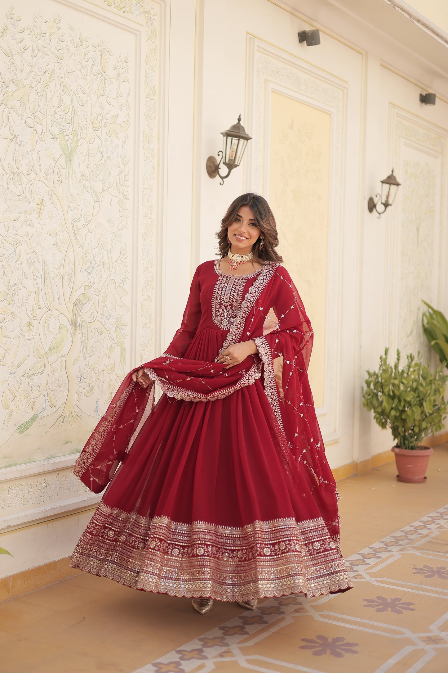 Gown with Embroidered and Cut work dupatta