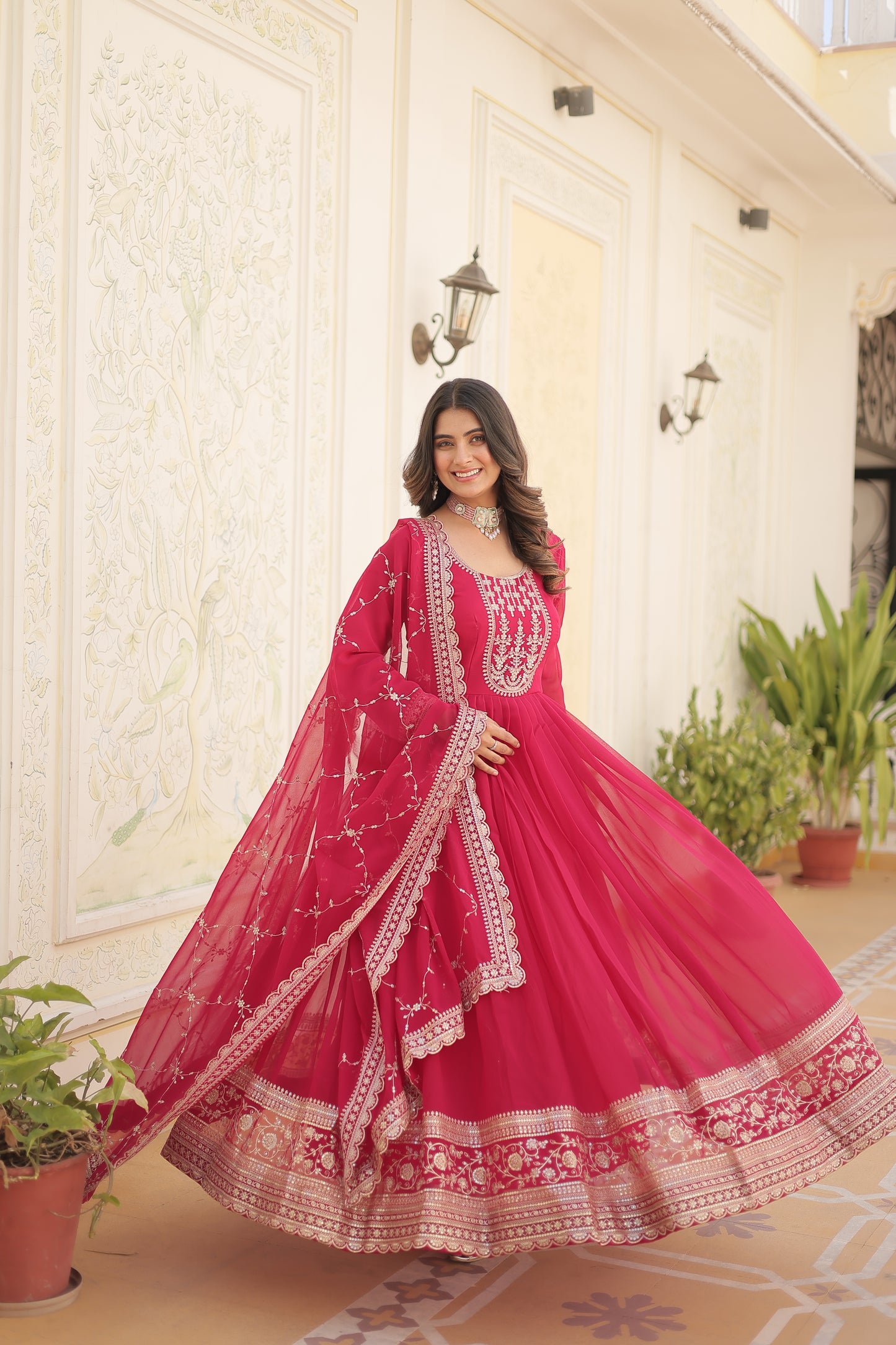 Gown with Embroidered and Cut work dupatta