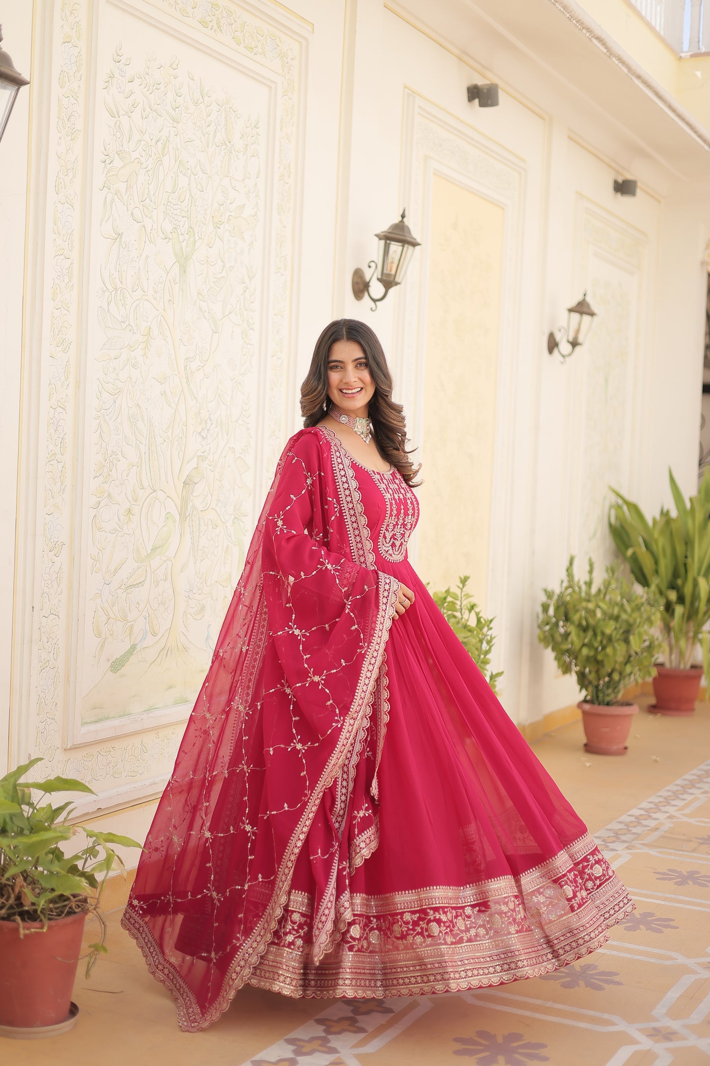 Gown with Embroidered and Cut work dupatta
