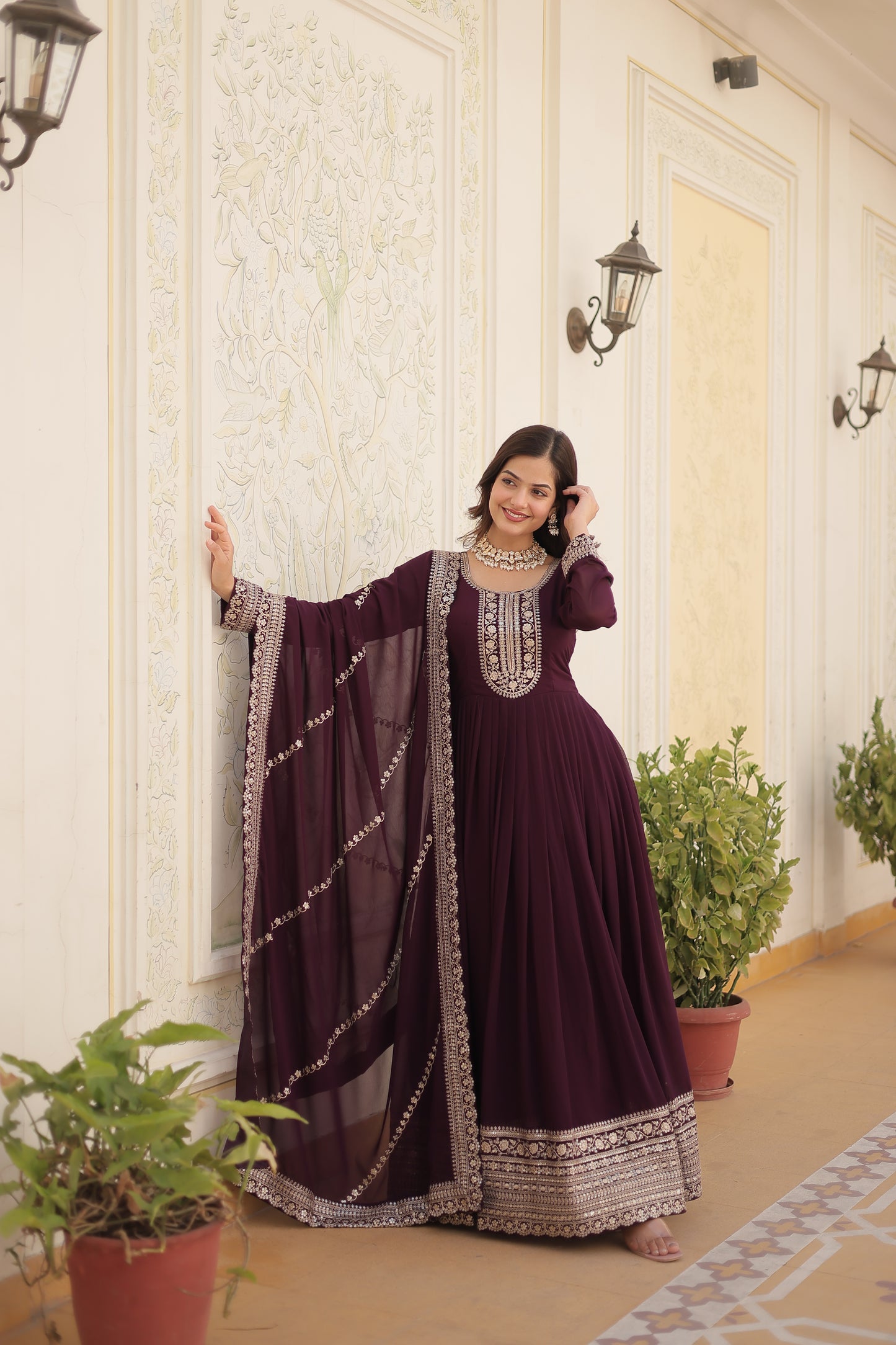 Gown with Embroidered and Cut work dupatta