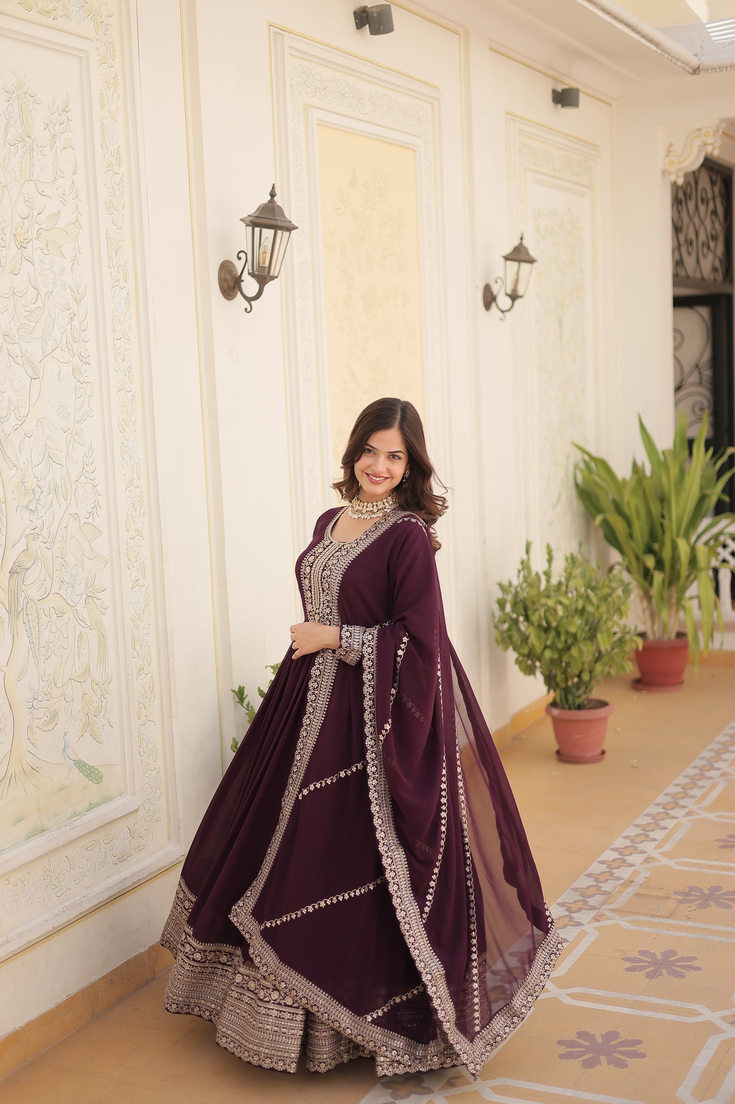 Gown with Embroidered and Cut work dupatta