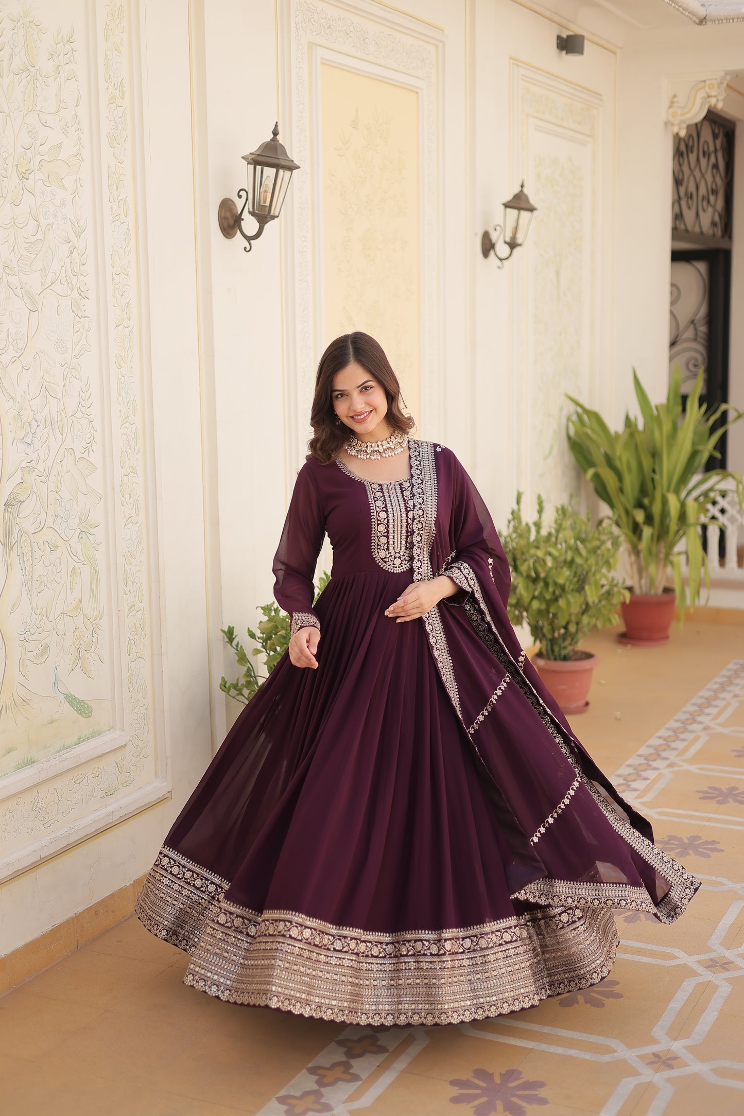 Gown with Embroidered and Cut work dupatta