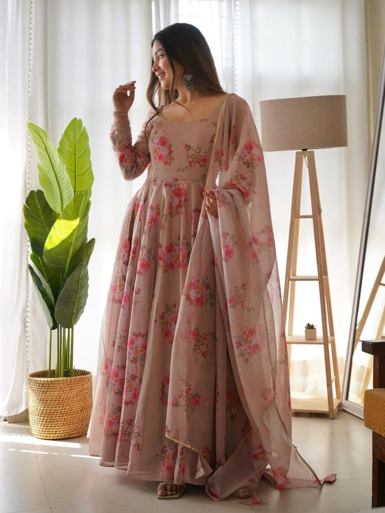 Beige Floral Organza Gown