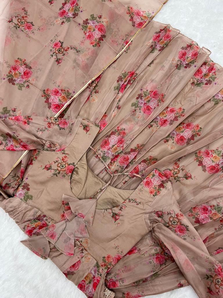 Beige Floral Organza Gown