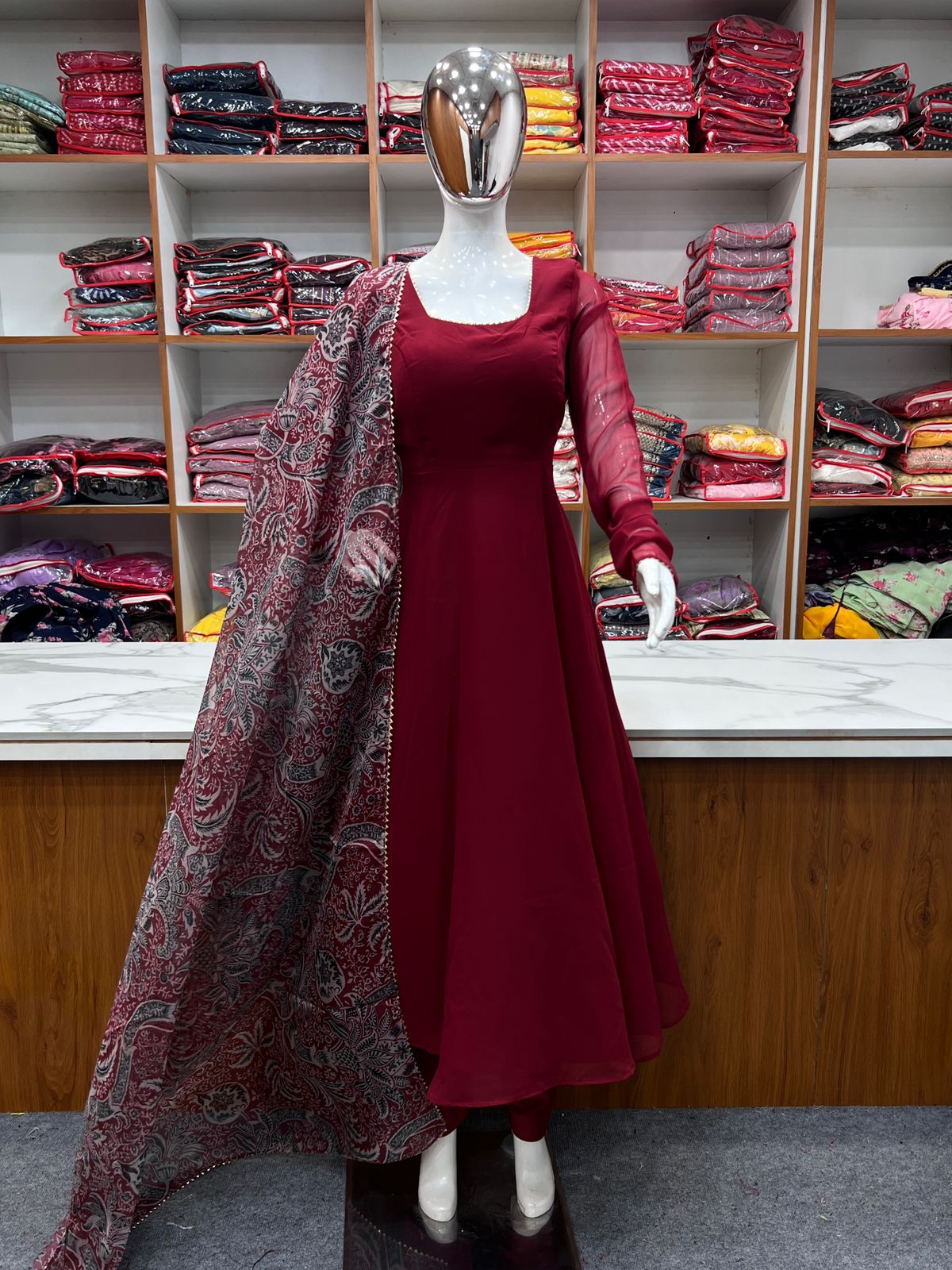 Maroon Anarkali with Kalamkari dupatta