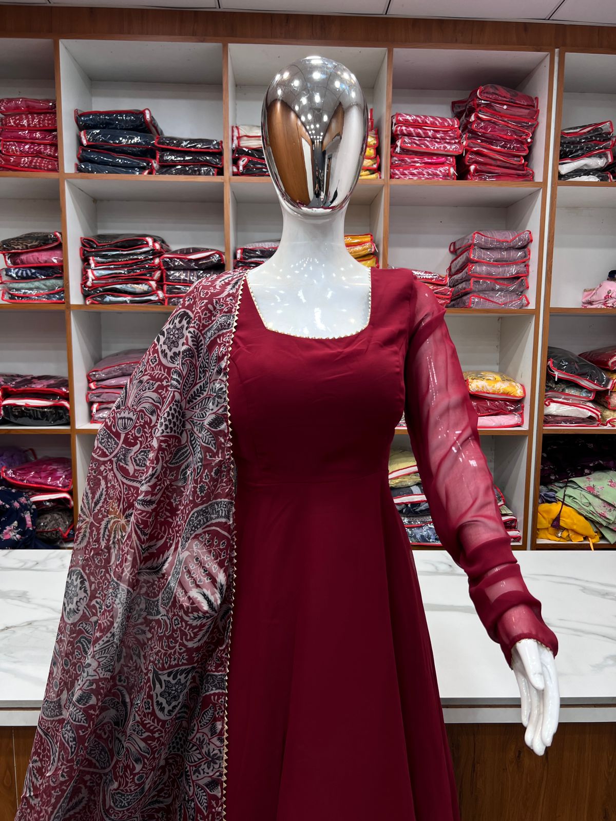 Maroon Anarkali with Kalamkari dupatta