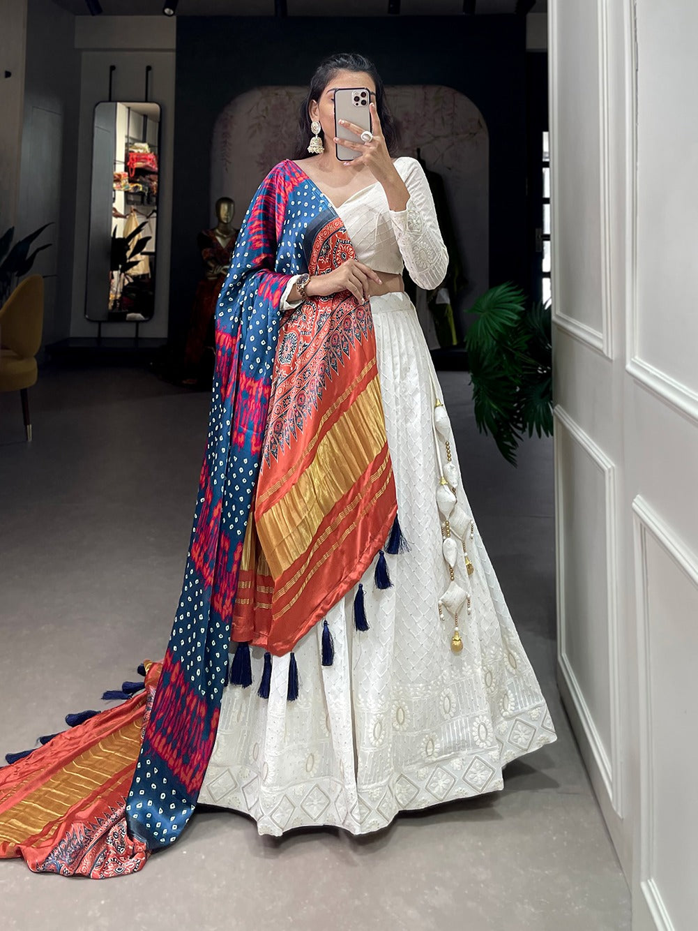 White Lucknowi work lehenga with Gaji Silk dupatta