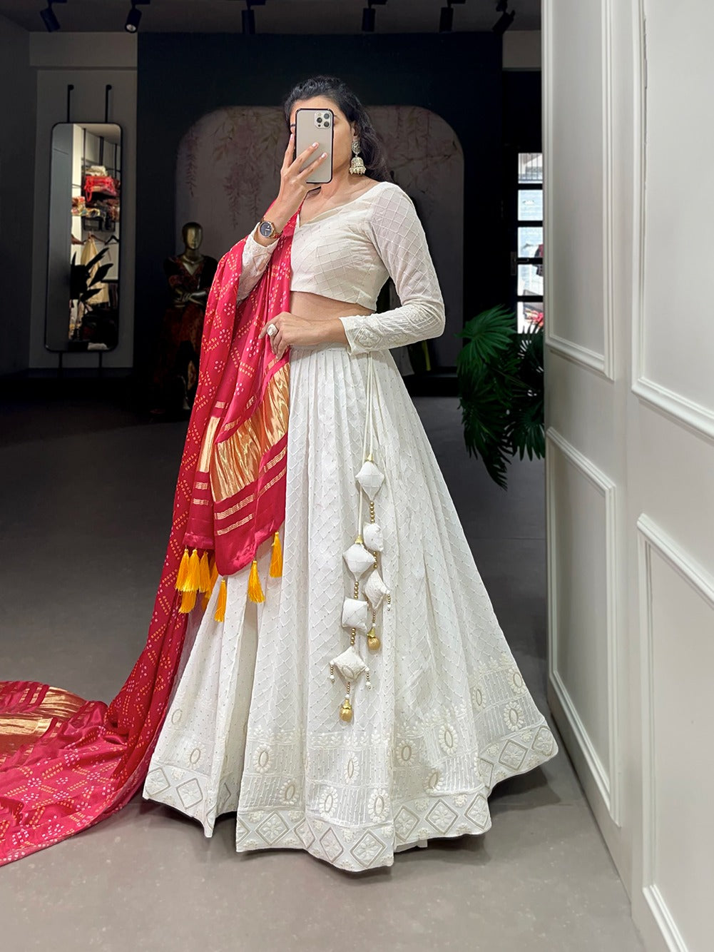 White Lucknowi work lehenga with Gaji Silk dupatta
