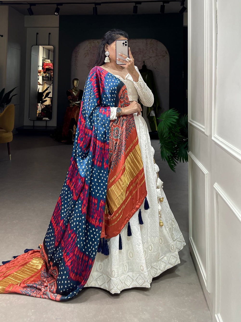 White Lucknowi work lehenga with Gaji Silk dupatta