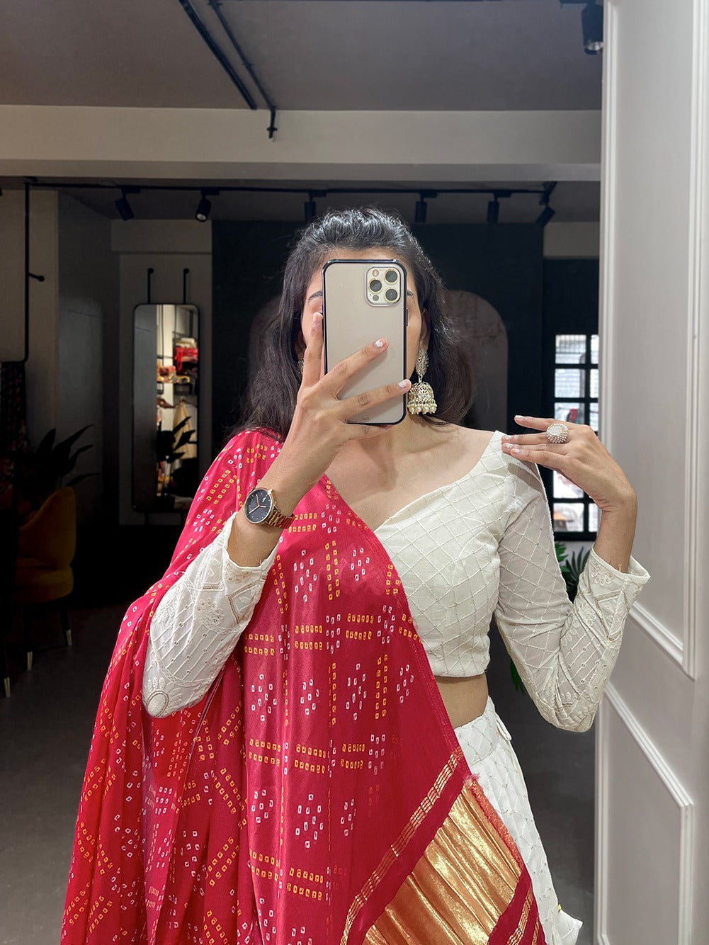White Lucknowi work lehenga with Gaji Silk dupatta