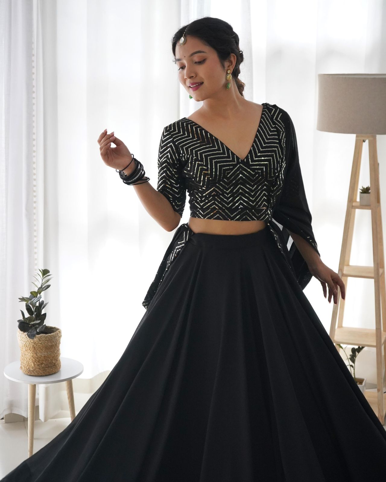 Fully stitched Sequins Lehenga - Black and Rani pink