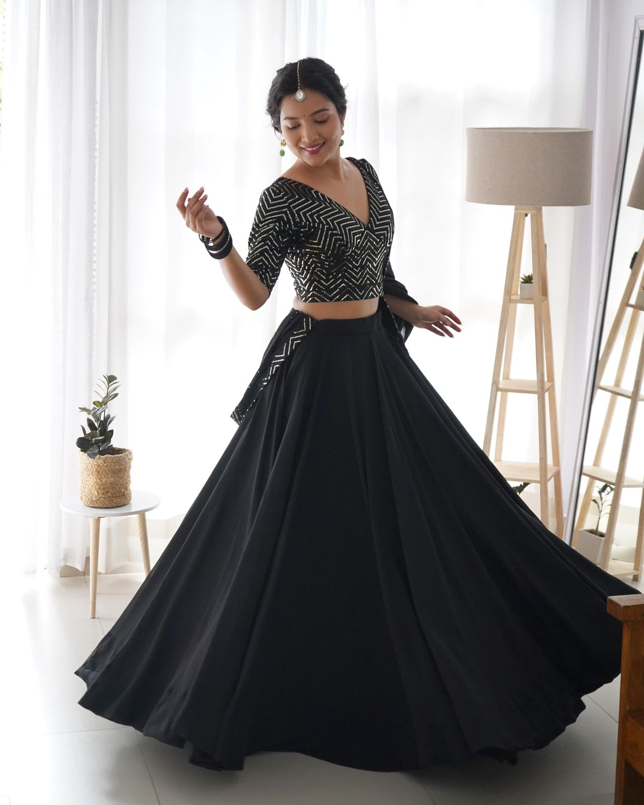 Fully stitched Sequins Lehenga - Black and Rani pink