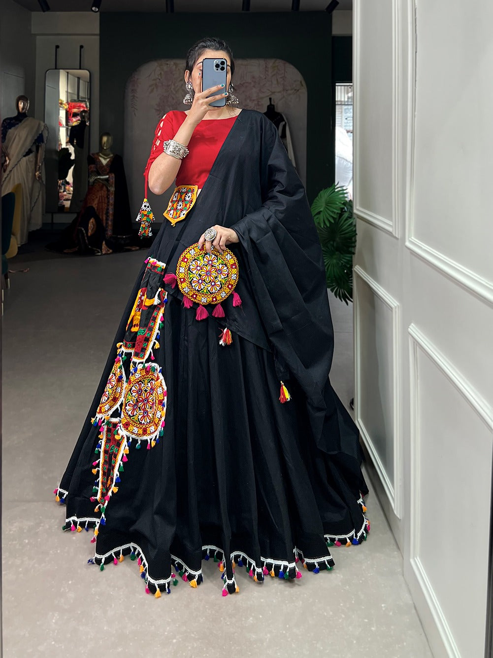 Aari work black lehenga choli