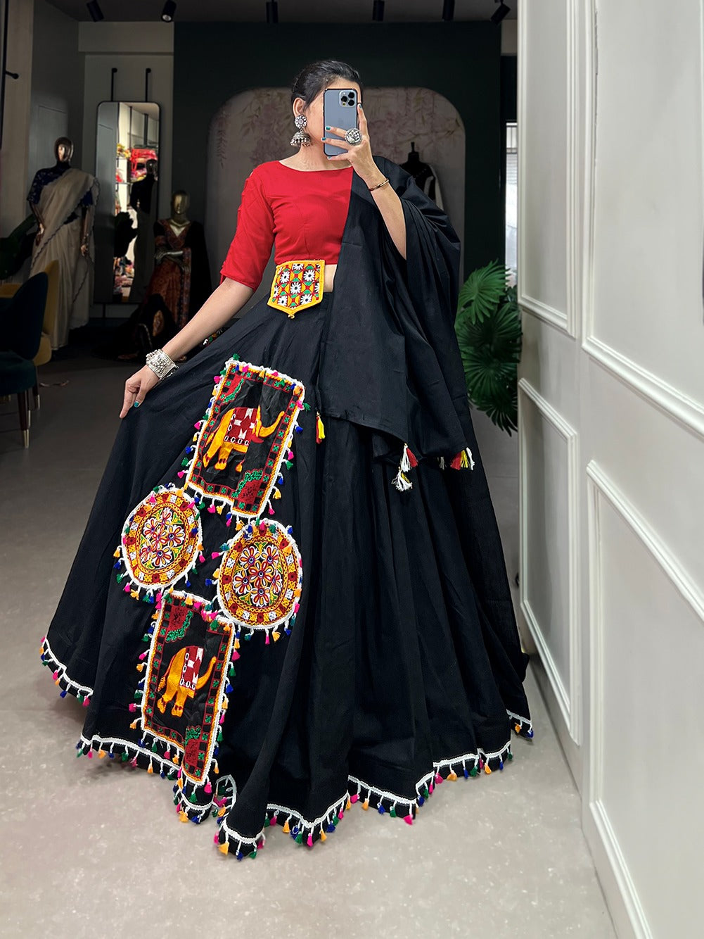 Aari work black lehenga choli