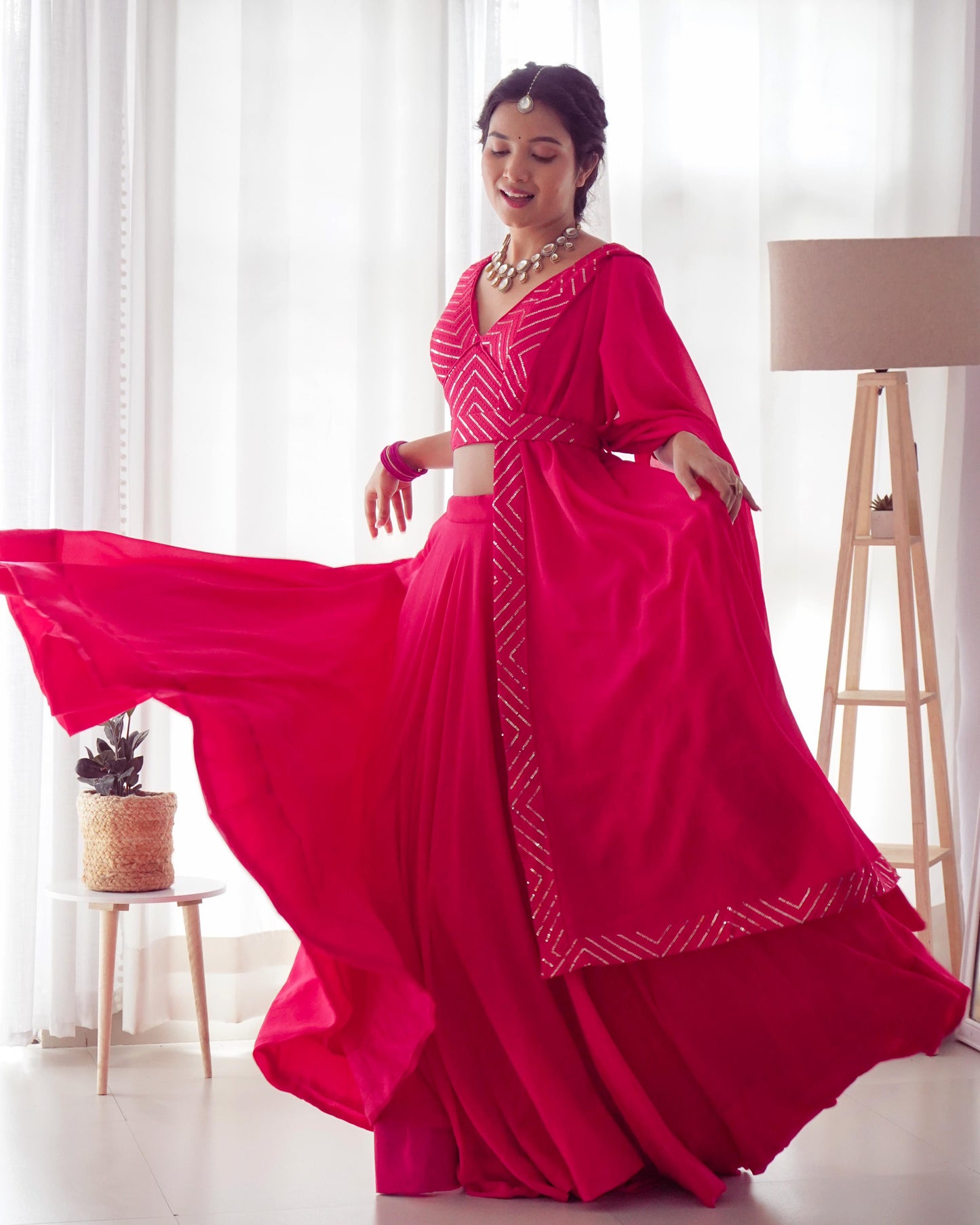 Fully stitched Sequins Lehenga - Black and Rani pink