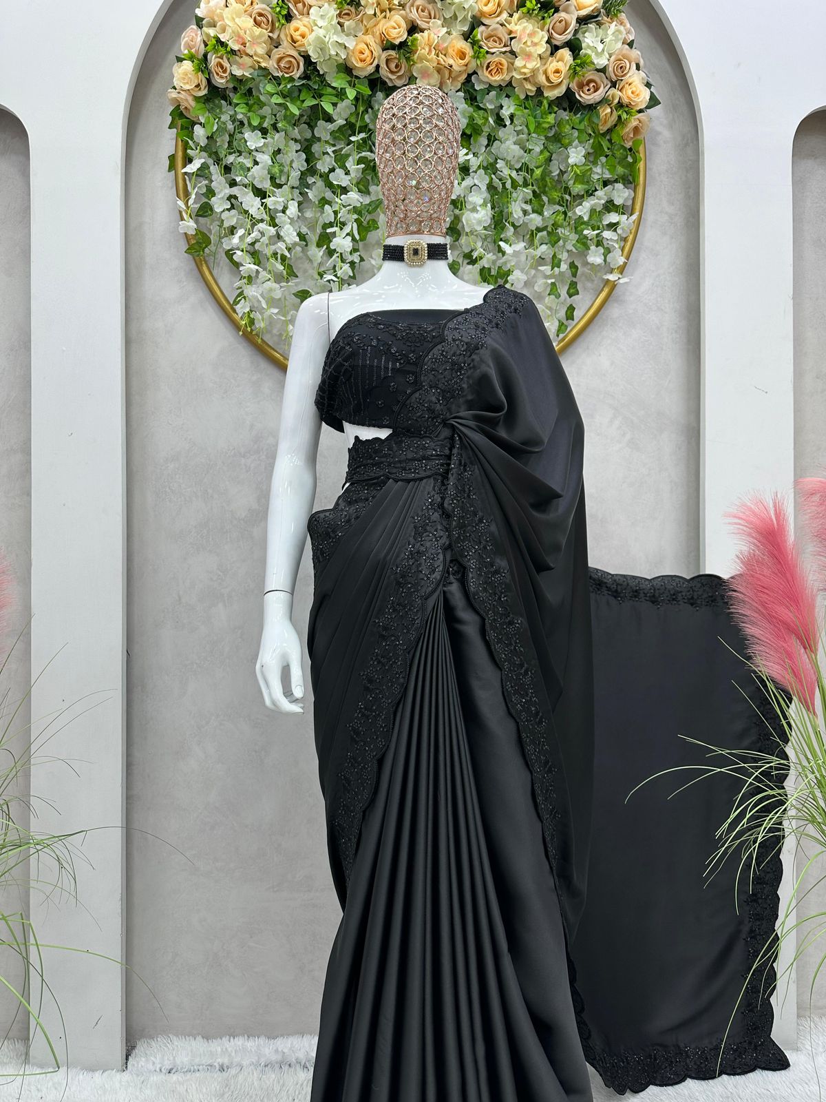 Black Satin Silk Saree with Sequins work