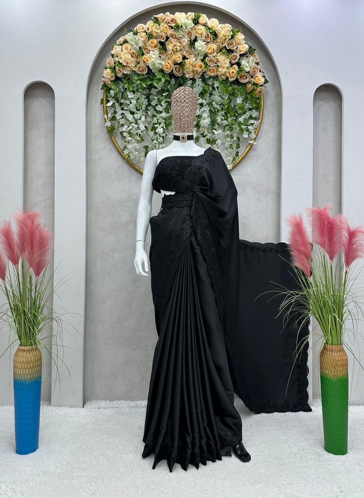 Black Satin Silk Saree with Sequins work