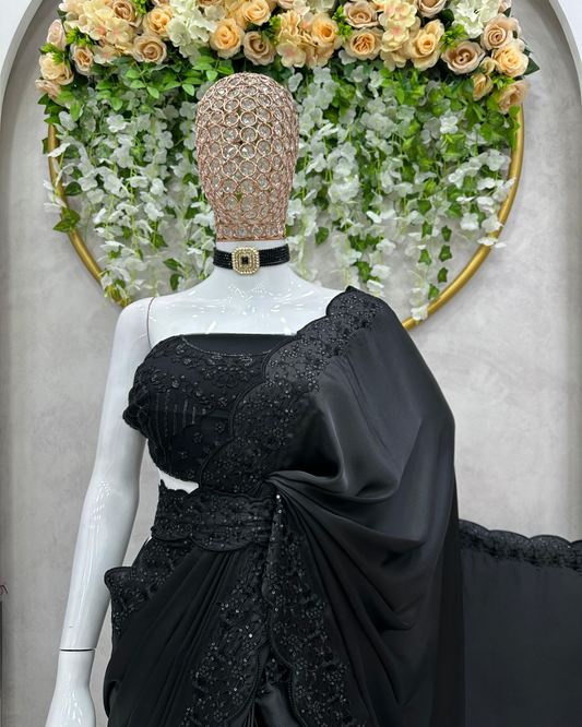 Black Satin Silk Saree with Sequins work