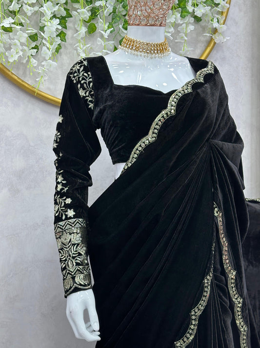 Beautiful Black Velvet ready to wear saree