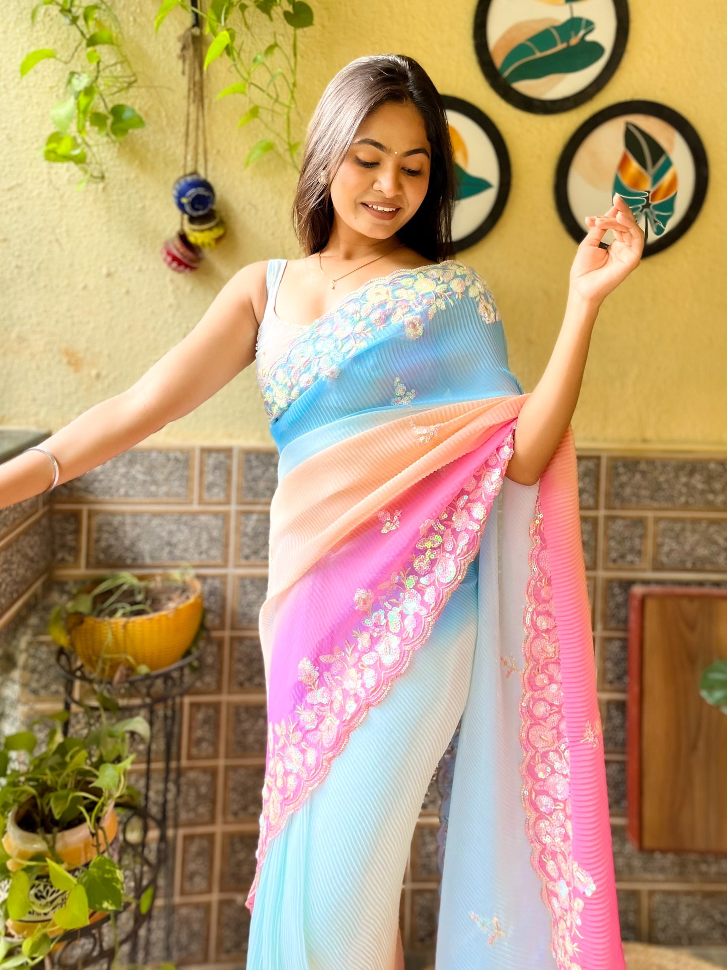 Georgette Crush Saree with Sequins Work