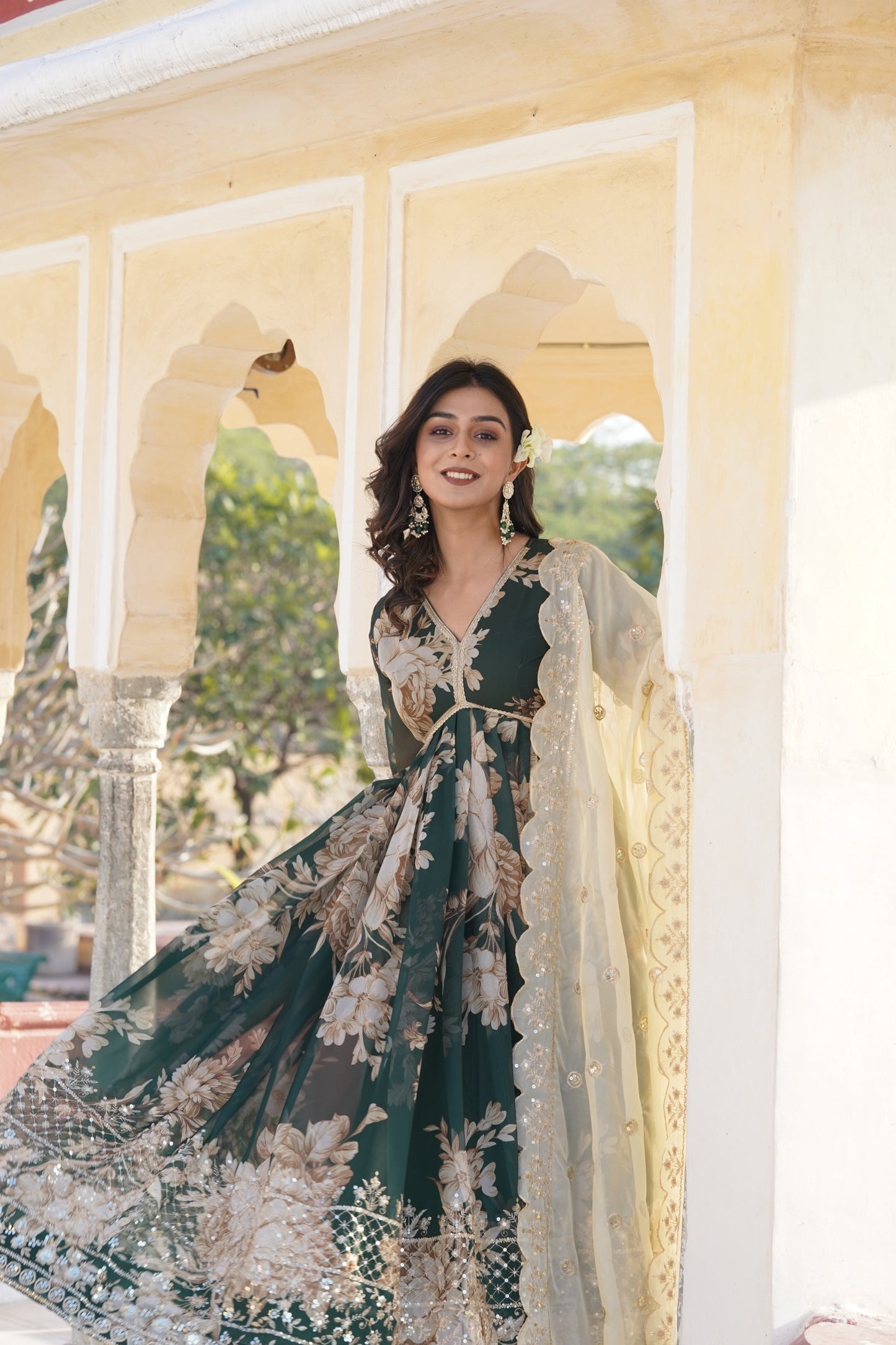 Alia Cut Green Floral Anarkali Gown
