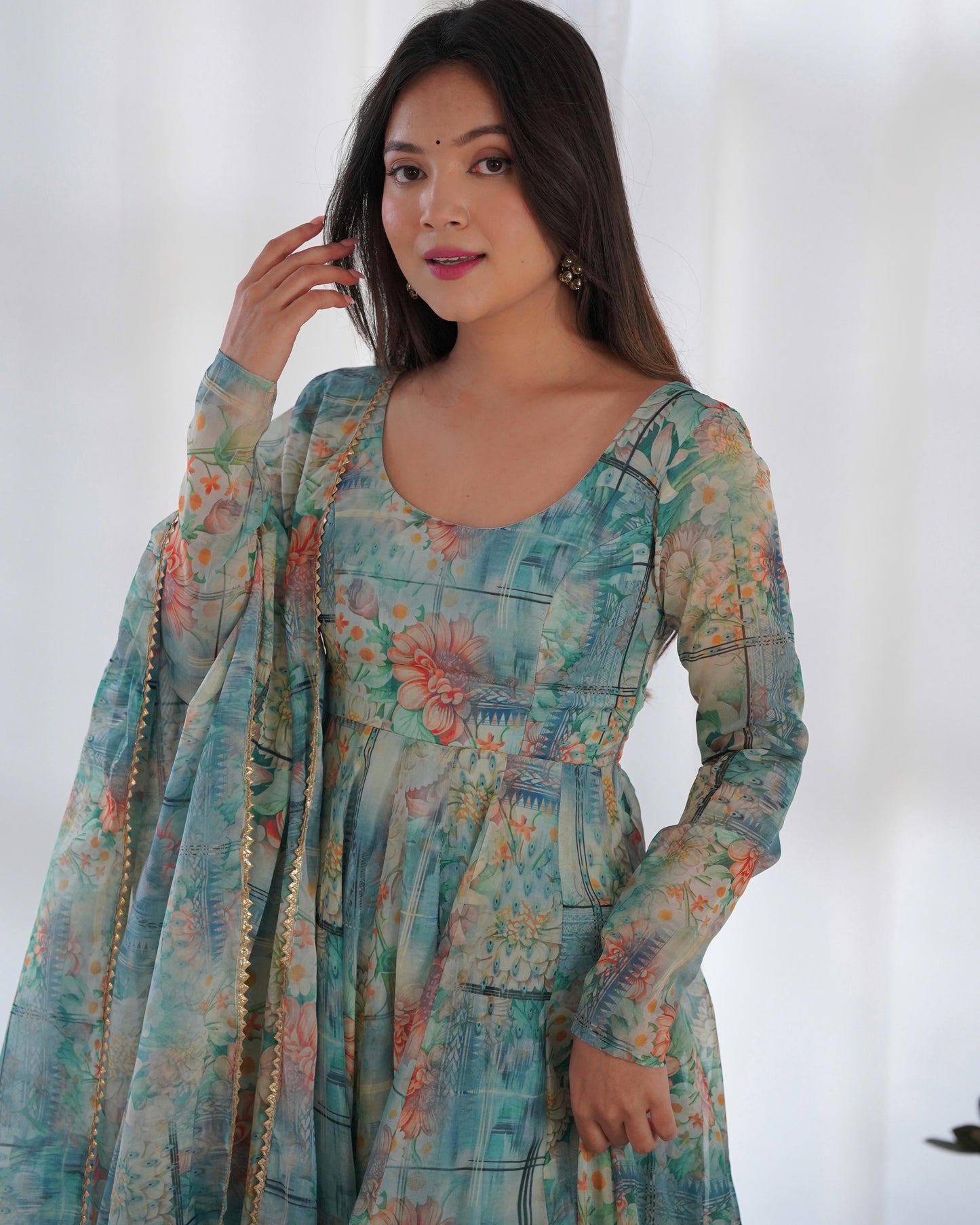 Organza Print Flared Anarkali