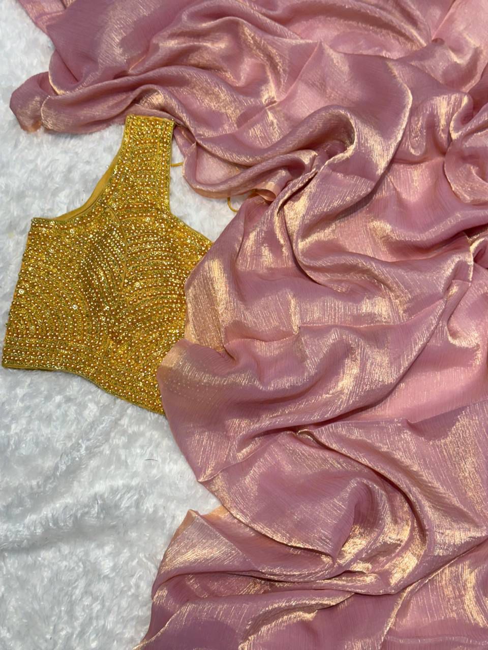 Glass Tissue Saree With Moti Work Stitched Blouse