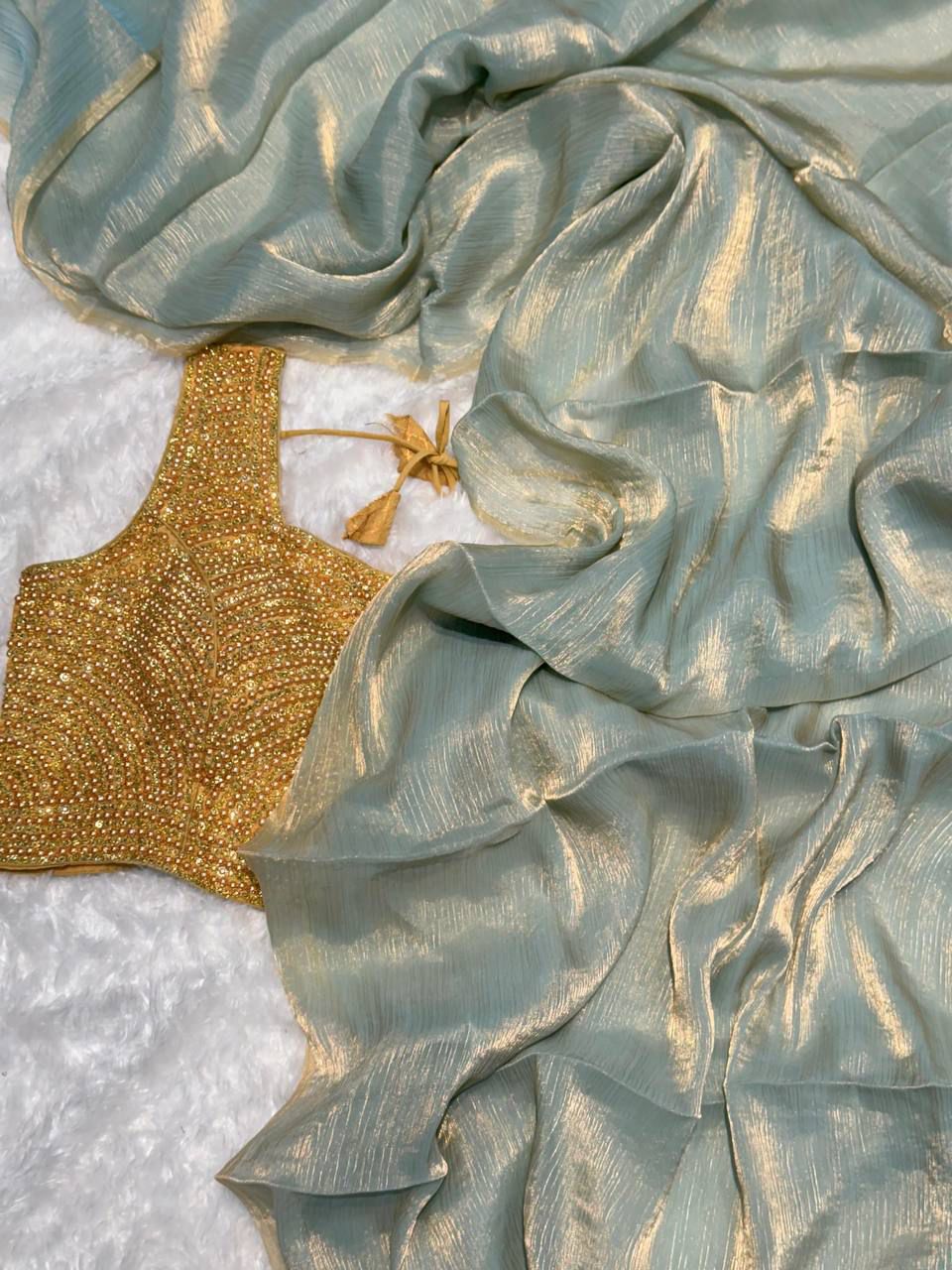 Glass Tissue Saree With Moti Work Stitched Blouse