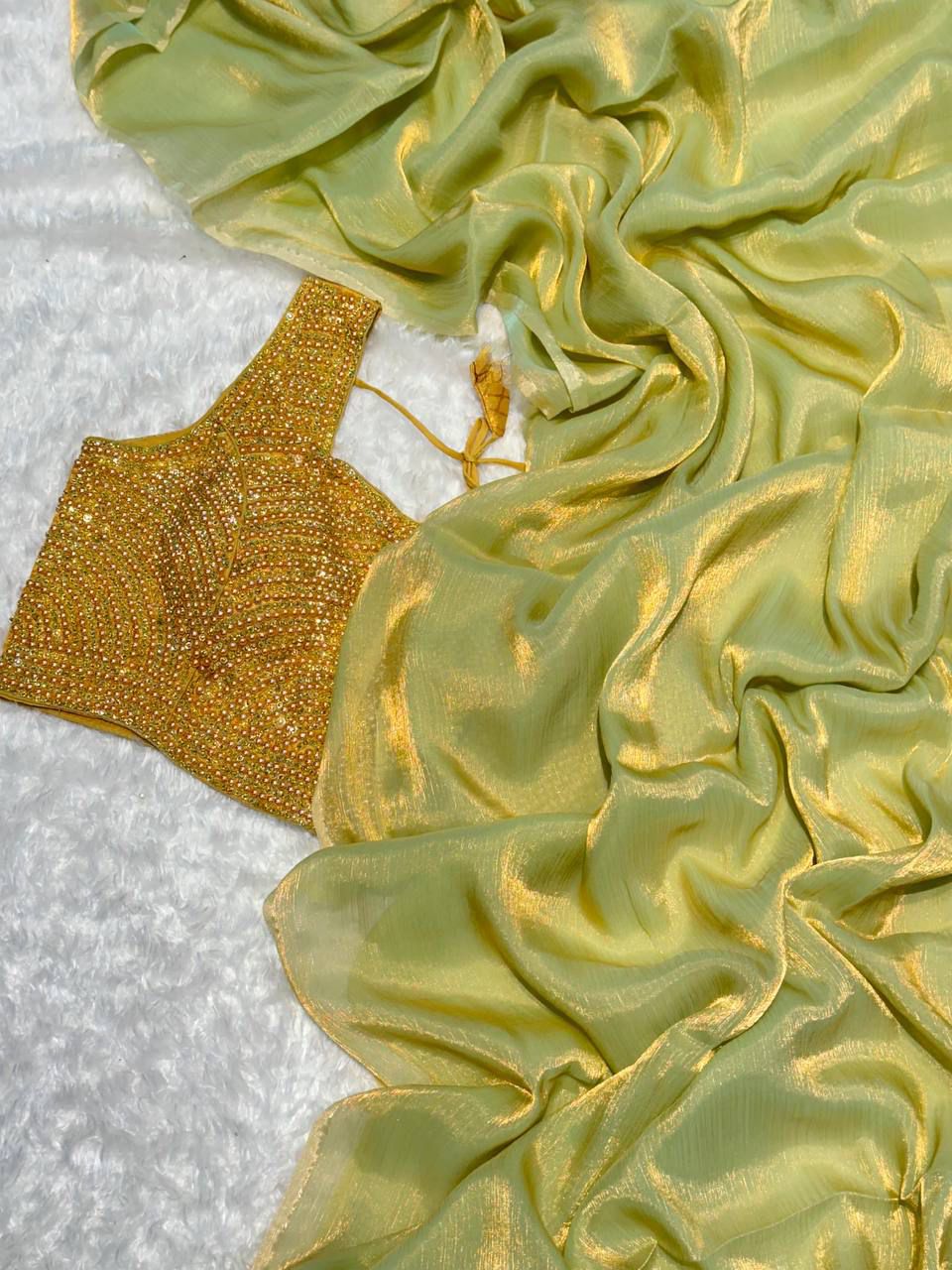 Glass Tissue Saree With Moti Work Stitched Blouse
