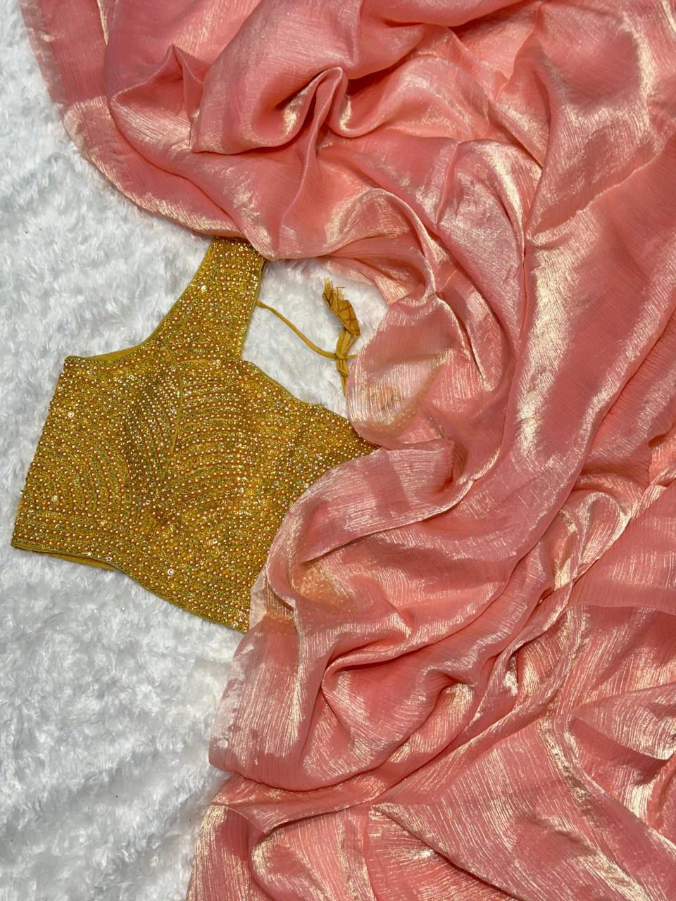 Glass Tissue Saree With Moti Work Stitched Blouse