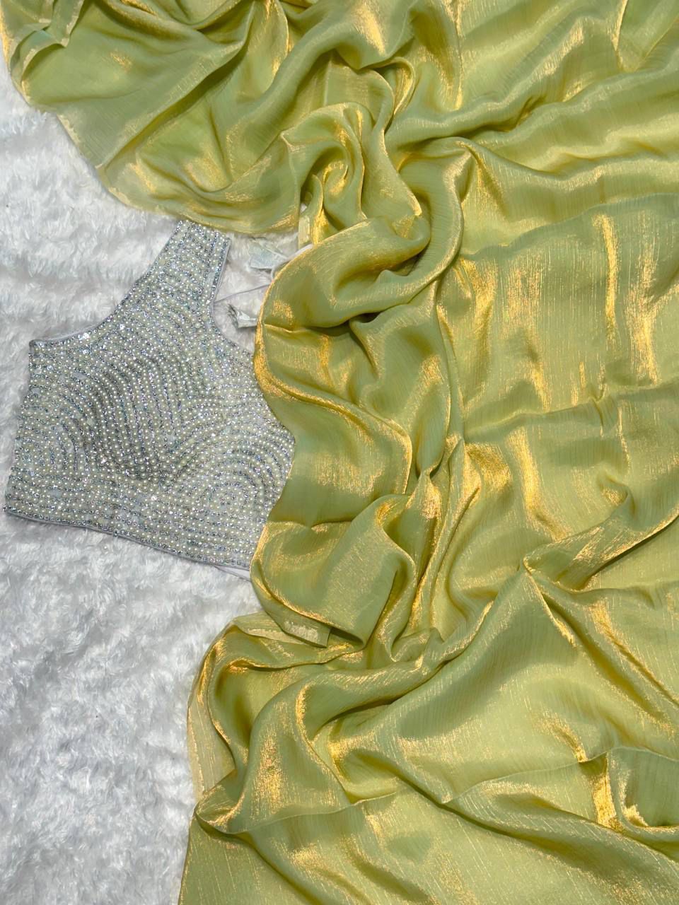 Glass Tissue Saree With Moti Work Stitched Blouse