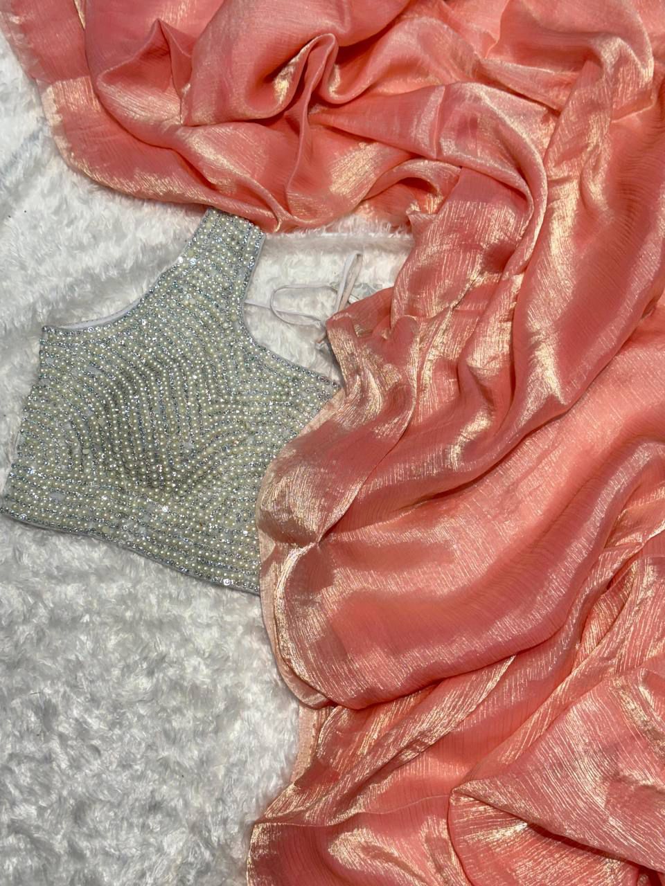 Glass Tissue Saree With Moti Work Stitched Blouse