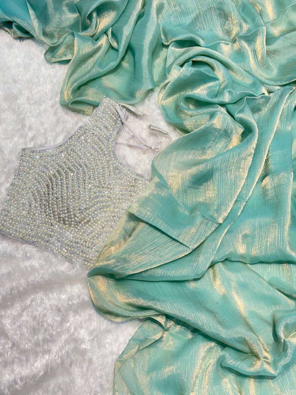 Glass Tissue Saree With Moti Work Stitched Blouse